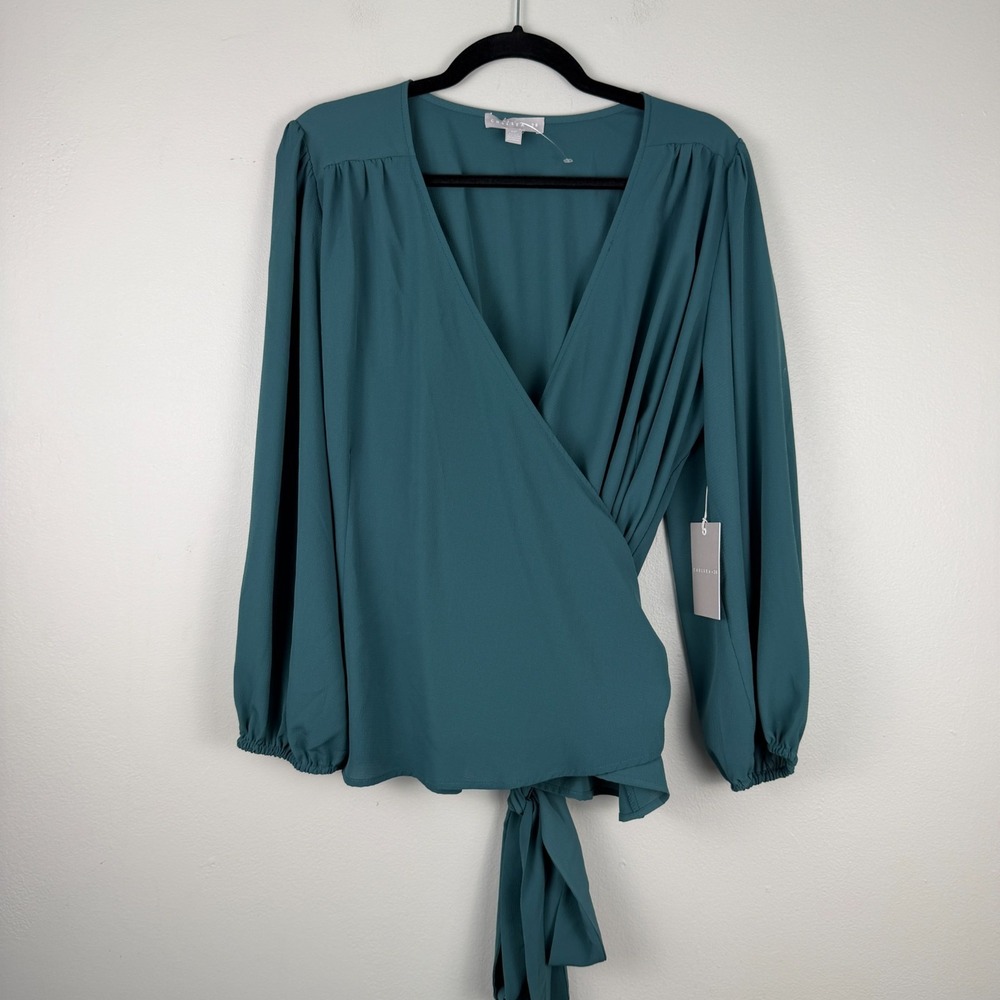 Chelsea28 Wrap Top Women's 2XL Teal Surplice Neck Tie Waisted Long Sleeve Career